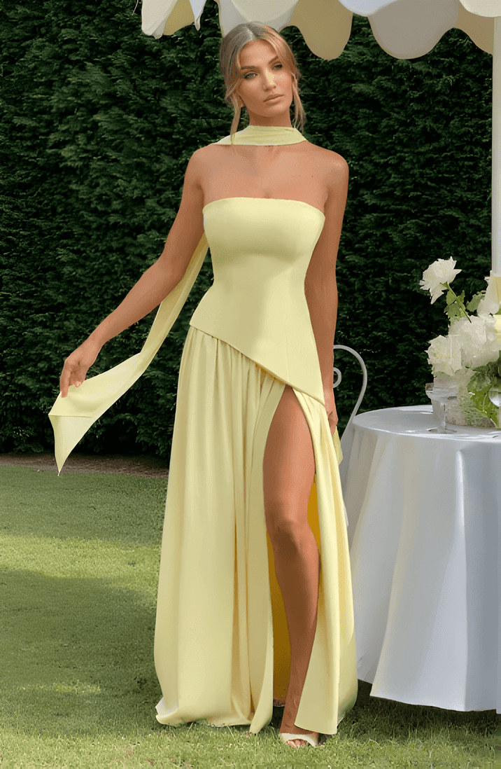 Annabel – Strapless Slit Maxi Dress In Golden Sand Satin For Sunset - Nalani - Fashion Clothing and Decor