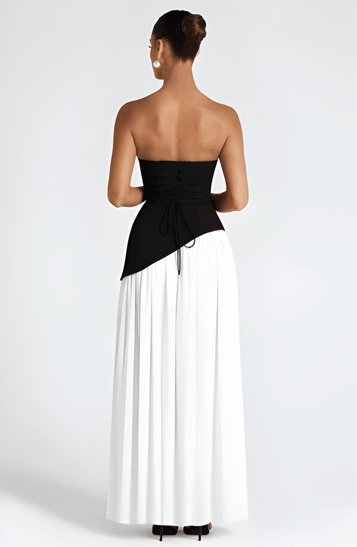 Annabel – Strapless Slit Maxi Dress In Golden Sand Satin For Sunset - Nalani - Fashion Clothing and Decor