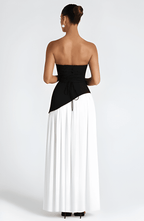 Annabel – Strapless Slit Maxi Dress In Golden Sand Satin For Sunset - Nalani - Fashion Clothing and Decor