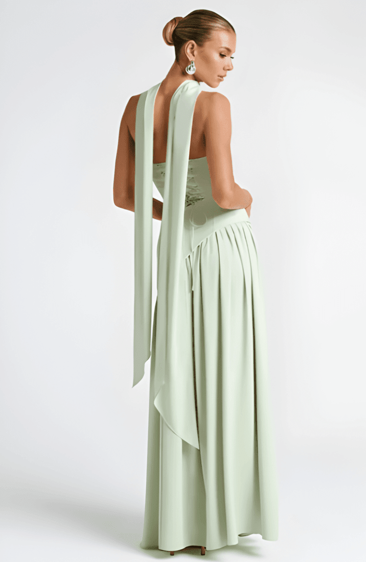 Annabel – Strapless Slit Maxi Dress In Golden Sand Satin For Sunset - Nalani - Fashion Clothing and Decor