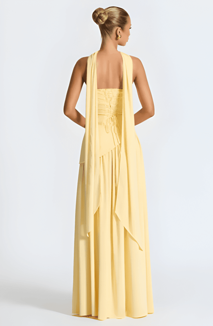 Annabel – Strapless Slit Maxi Dress In Golden Sand Satin For Sunset - Nalani - Fashion Clothing and Decor
