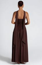Annabel – Strapless Slit Maxi Dress In Golden Sand Satin For Sunset - Nalani - Fashion Clothing and Decor