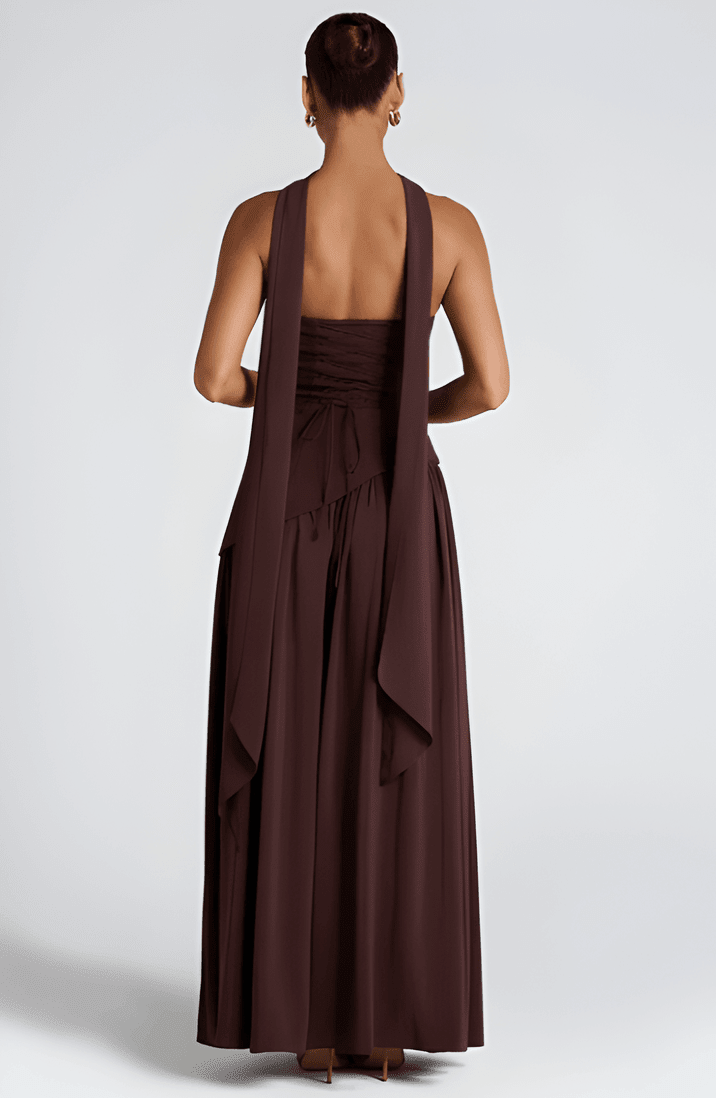Annabel – Strapless Slit Maxi Dress In Golden Sand Satin For Sunset - Nalani - Fashion Clothing and Decor