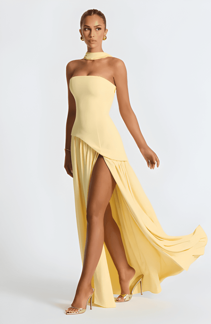 Annabel – Strapless Slit Maxi Dress In Golden Sand Satin For Sunset - Nalani - Fashion Clothing and Decor