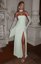 Annabel – Strapless Slit Maxi Dress In Golden Sand Satin For Sunset - Nalani - Fashion Clothing and Decor