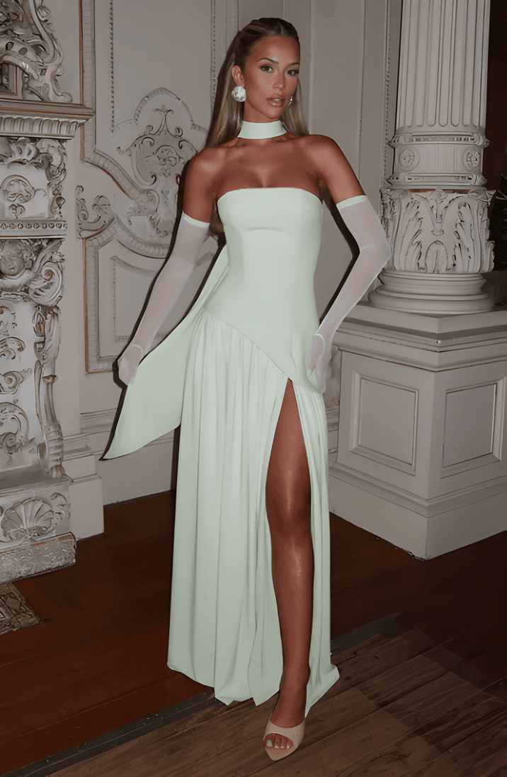 Annabel – Strapless Slit Maxi Dress In Golden Sand Satin For Sunset - Nalani - Fashion Clothing and Decor