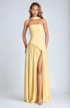 Annabel – Strapless Slit Maxi Dress In Golden Sand Satin For Sunset - Nalani - Fashion Clothing and Decor