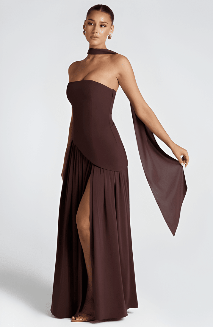 Annabel – Strapless Slit Maxi Dress In Golden Sand Satin For Sunset - Nalani - Fashion Clothing and Decor