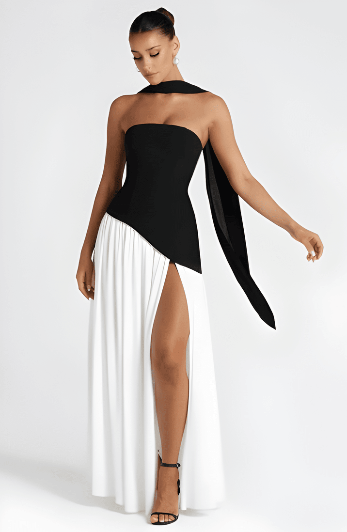 Annabel – Strapless Slit Maxi Dress In Golden Sand Satin For Sunset - Nalani - Fashion Clothing and Decor