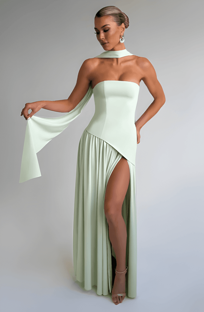 Annabel – Strapless Slit Maxi Dress In Golden Sand Satin For Sunset - Nalani - Fashion Clothing and Decor