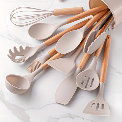 Bamboo Handle Silicone Kitchen Utensil Set 12 Piece - Nalani - UK Fashion Clothing and Decor