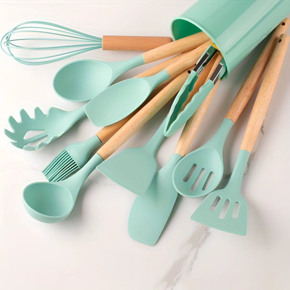 Bamboo Handle Silicone Kitchen Utensil Set 12 Piece - Nalani - UK Fashion Clothing and Decor