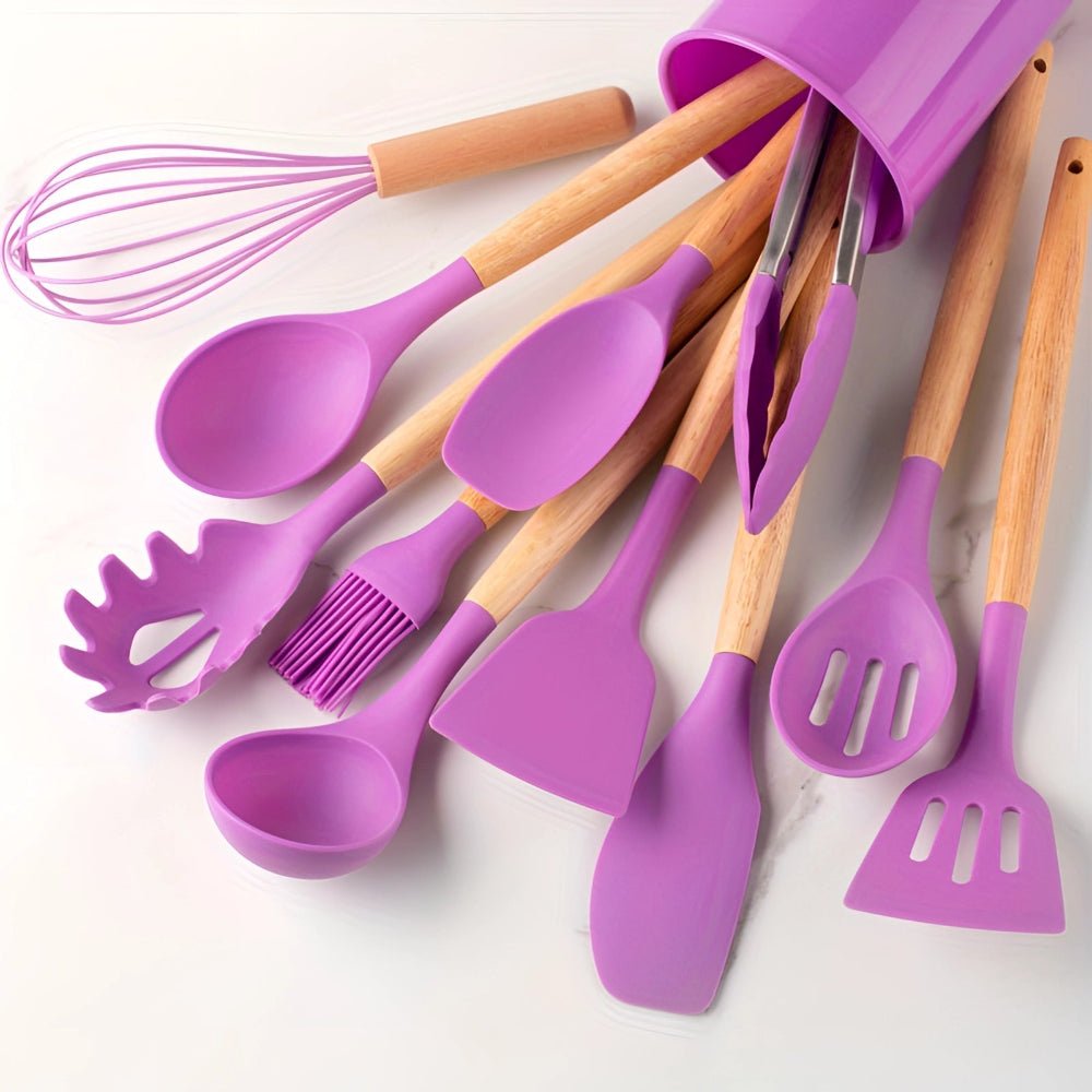Bamboo Handle Silicone Kitchen Utensil Set 12 Piece - Nalani - UK Fashion Clothing and Decor