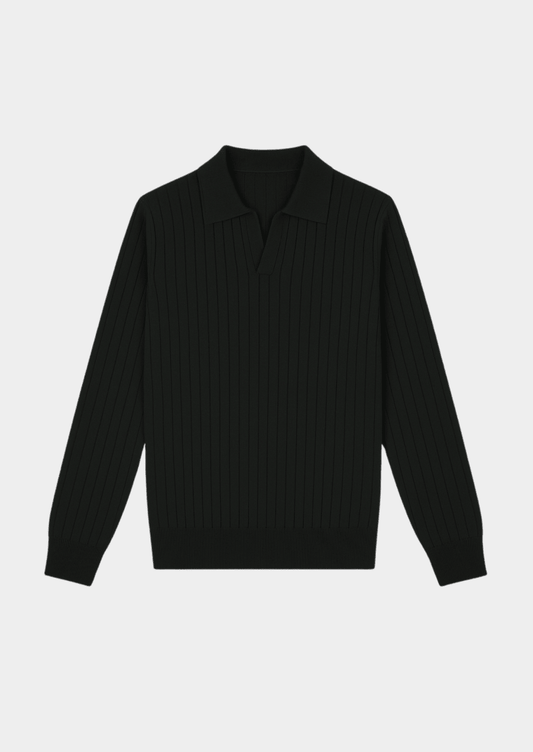 Black Ribbed Polo Sweater With Open Collar For Smart Casual Knit - Nalani - UK Fashion Clothing and Decor