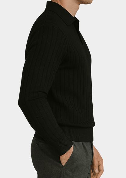 Black Ribbed Polo Sweater With Open Collar For Smart Casual Knit - Nalani - UK Fashion Clothing and Decor