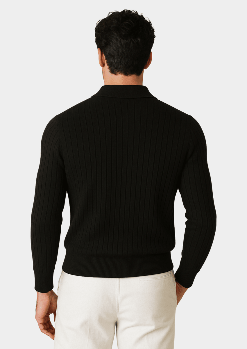 Black Ribbed Polo Sweater With Open Collar For Smart Casual Knit - Nalani - UK Fashion Clothing and Decor