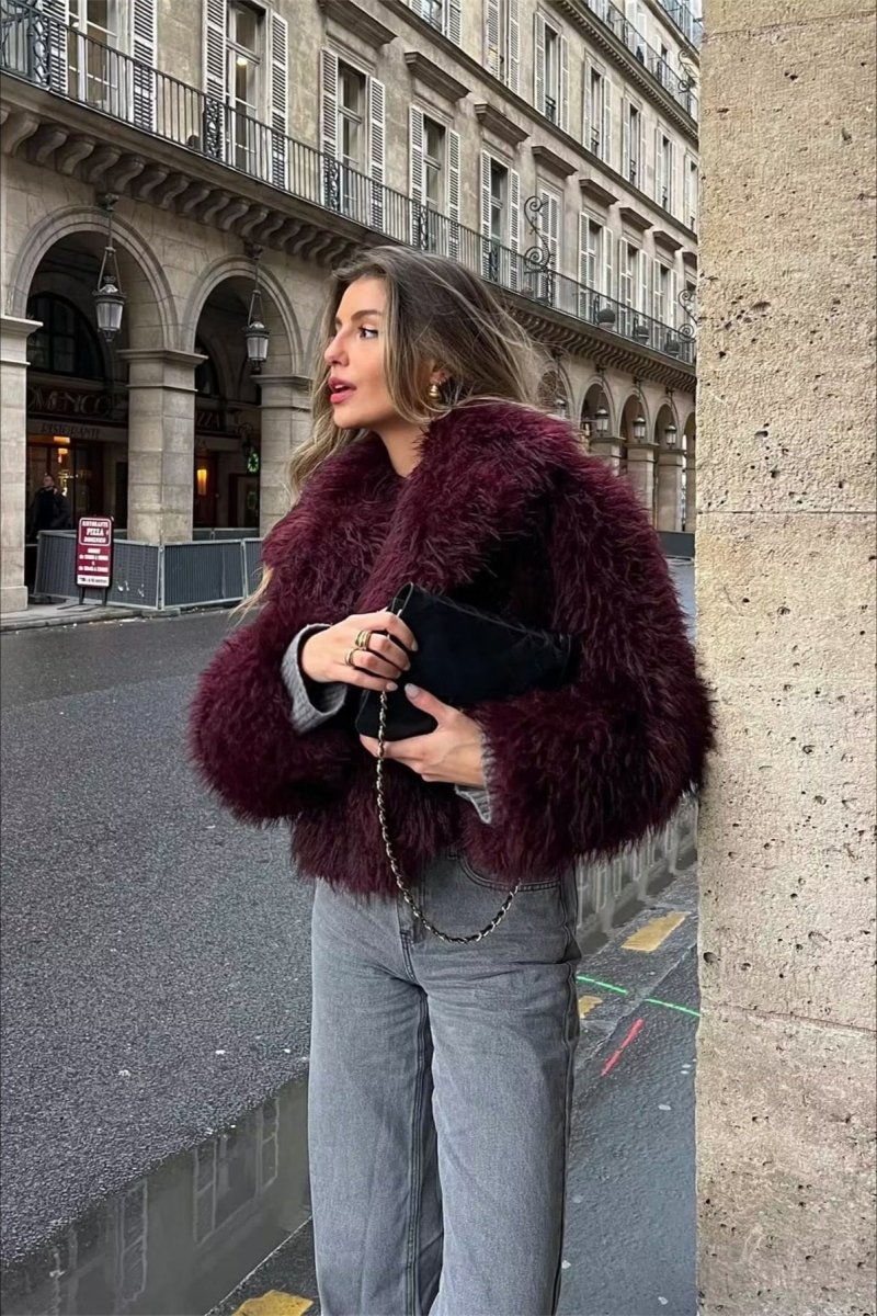 Bordeaux Shaggy Faux Fur Coat Luxury Warm Winter Jacket - Nalani - UK Fashion Clothing and Decor
