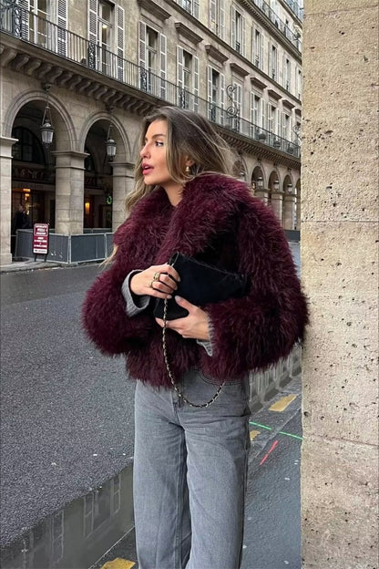 Bordeaux Shaggy Faux Fur Coat Luxury Warm Winter Jacket - Nalani - UK Fashion Clothing and Decor