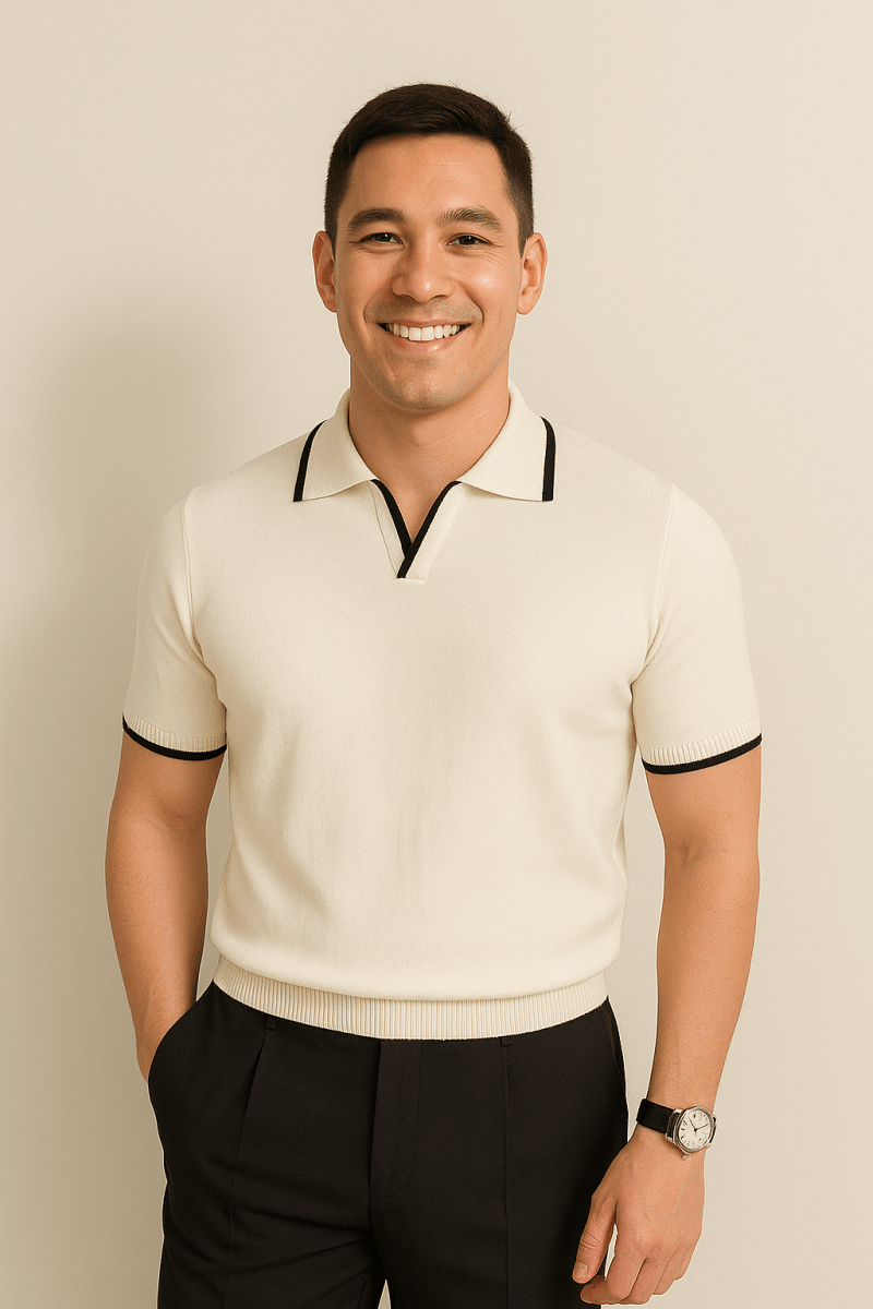Breathable Short Sleeve Knit Polo With Contrast Trim Slim Fit - Nalani - UK Fashion Clothing and Decor