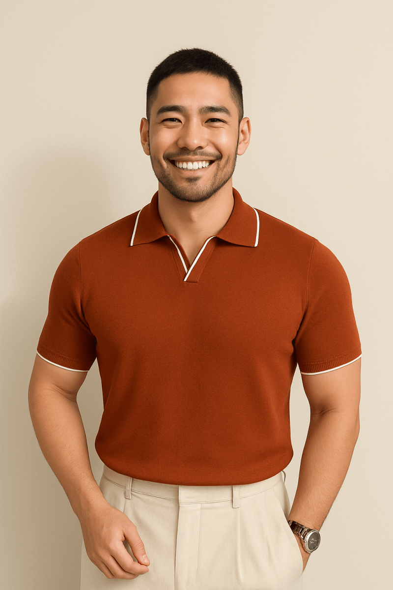 Breathable Short Sleeve Knit Polo With Contrast Trim Slim Fit - Nalani - UK Fashion Clothing and Decor