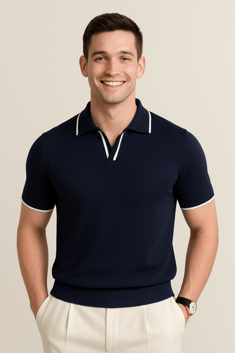 Breathable Short Sleeve Knit Polo With Contrast Trim Slim Fit - Nalani - UK Fashion Clothing and Decor