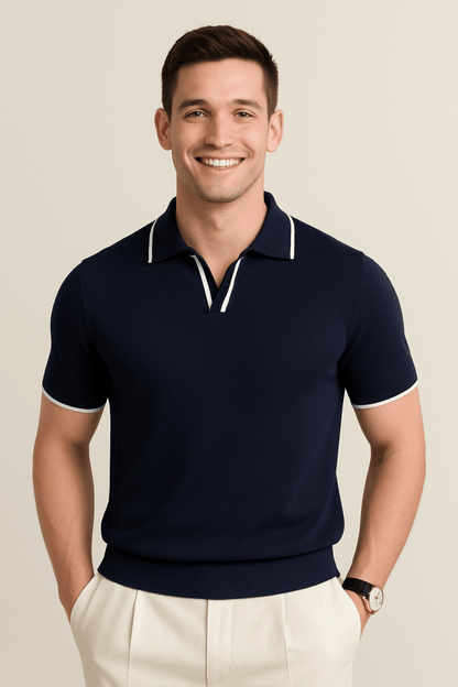 Breathable Short Sleeve Knit Polo With Contrast Trim Slim Fit - Nalani - UK Fashion Clothing and Decor