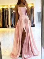 Celeni | Women's Evening Prom Gown - Floor - Length Satin - Spaghetti Straps - Square Neck - High Slit - Nalani - UK Fashion Clothing and Decor