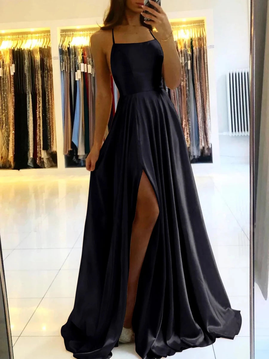 Celeni | Women's Evening Prom Gown - Floor - Length Satin - Spaghetti Straps - Square Neck - High Slit - Nalani - UK Fashion Clothing and Decor