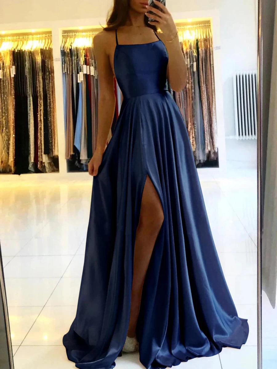 Celeni | Women's Evening Prom Gown - Floor - Length Satin - Spaghetti Straps - Square Neck - High Slit - Nalani - UK Fashion Clothing and Decor