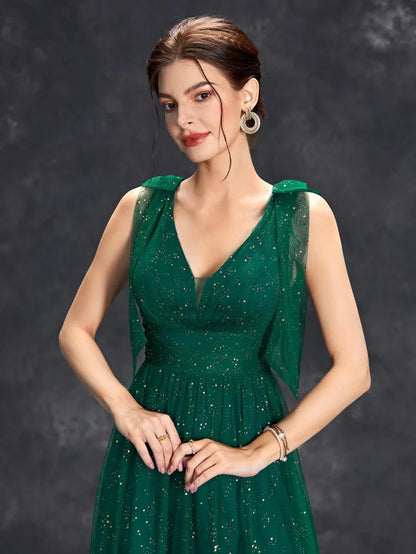 Celeni | Women's Evening Prom Gown - V - Neck Sleeveless - Glitter Embellished - Floor - Length Elegant Dress - Nalani - UK Fashion Clothing and Decor