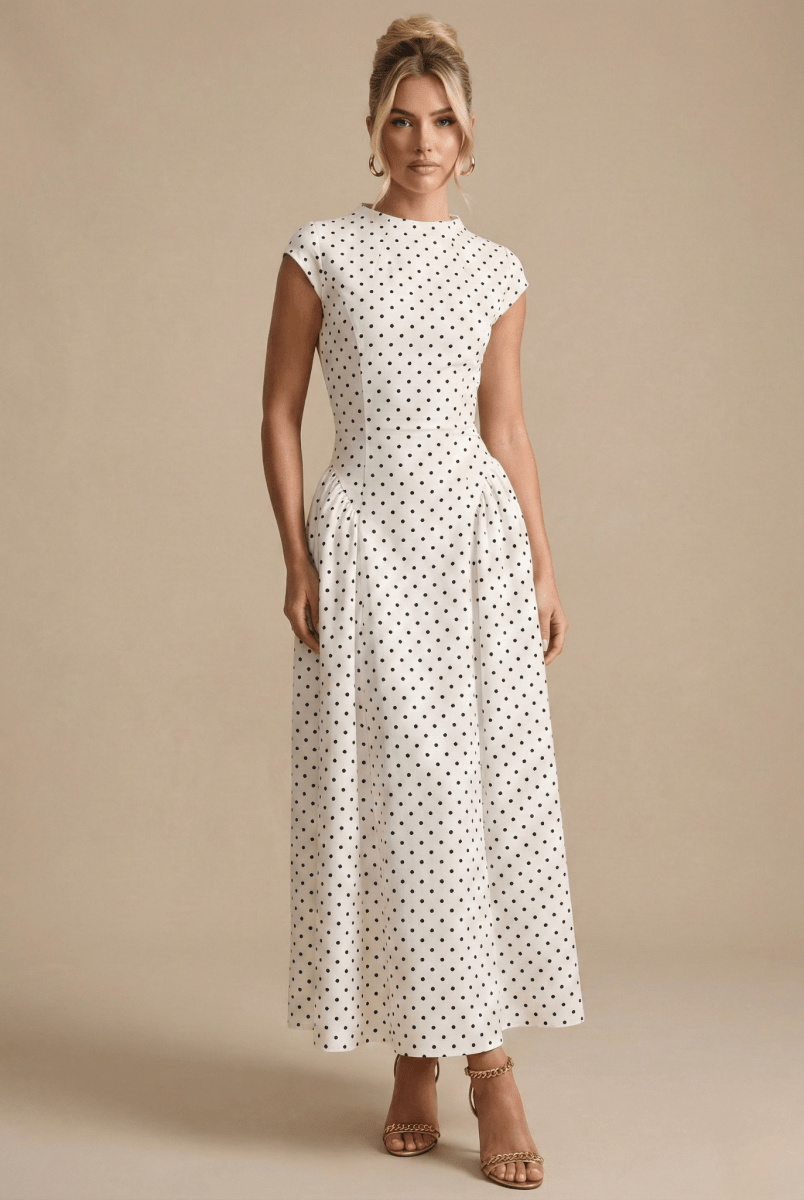 Chic Women's Polka Dot Maxi Dress - High Neck Cap Sleeve - Full Skirt - Nalani - Fashion Clothing and Decor