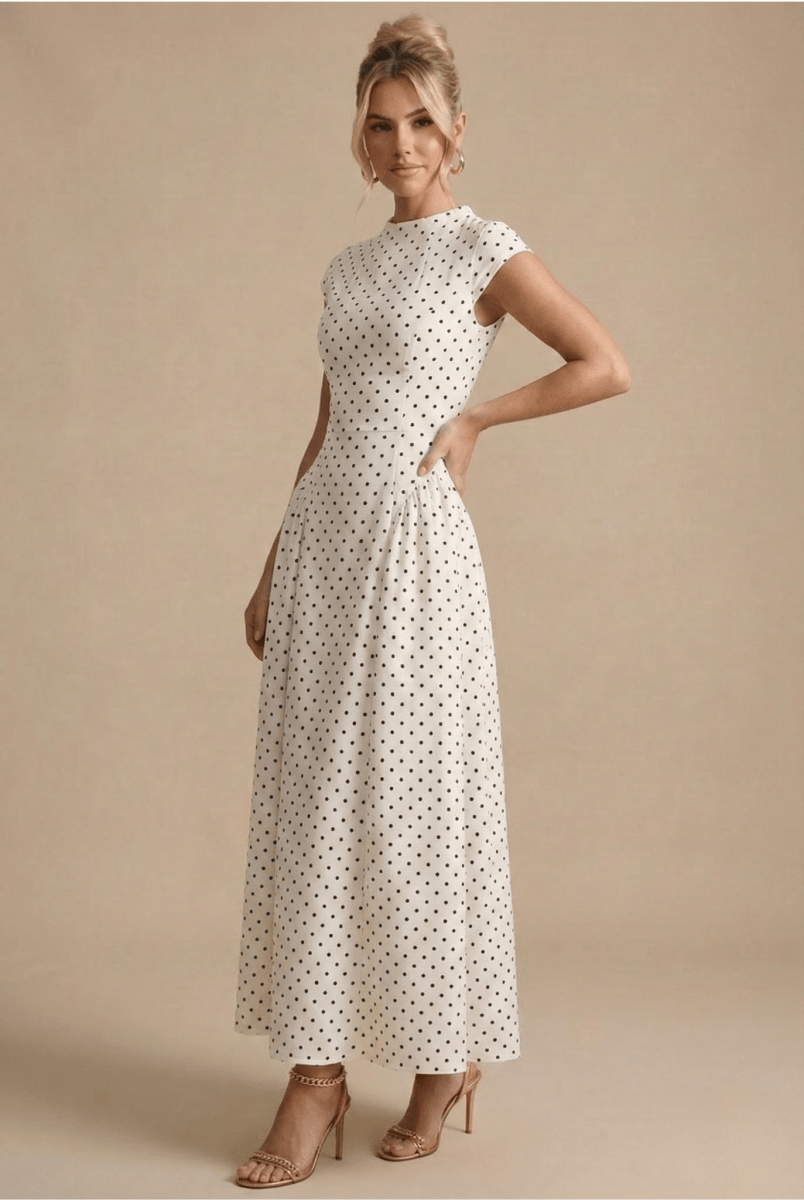 Chic Women's Polka Dot Maxi Dress - High Neck Cap Sleeve - Full Skirt - Nalani - Fashion Clothing and Decor