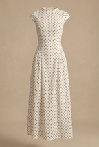 Chic Women's Polka Dot Maxi Dress - High Neck Cap Sleeve - Full Skirt - Nalani - Fashion Clothing and Decor