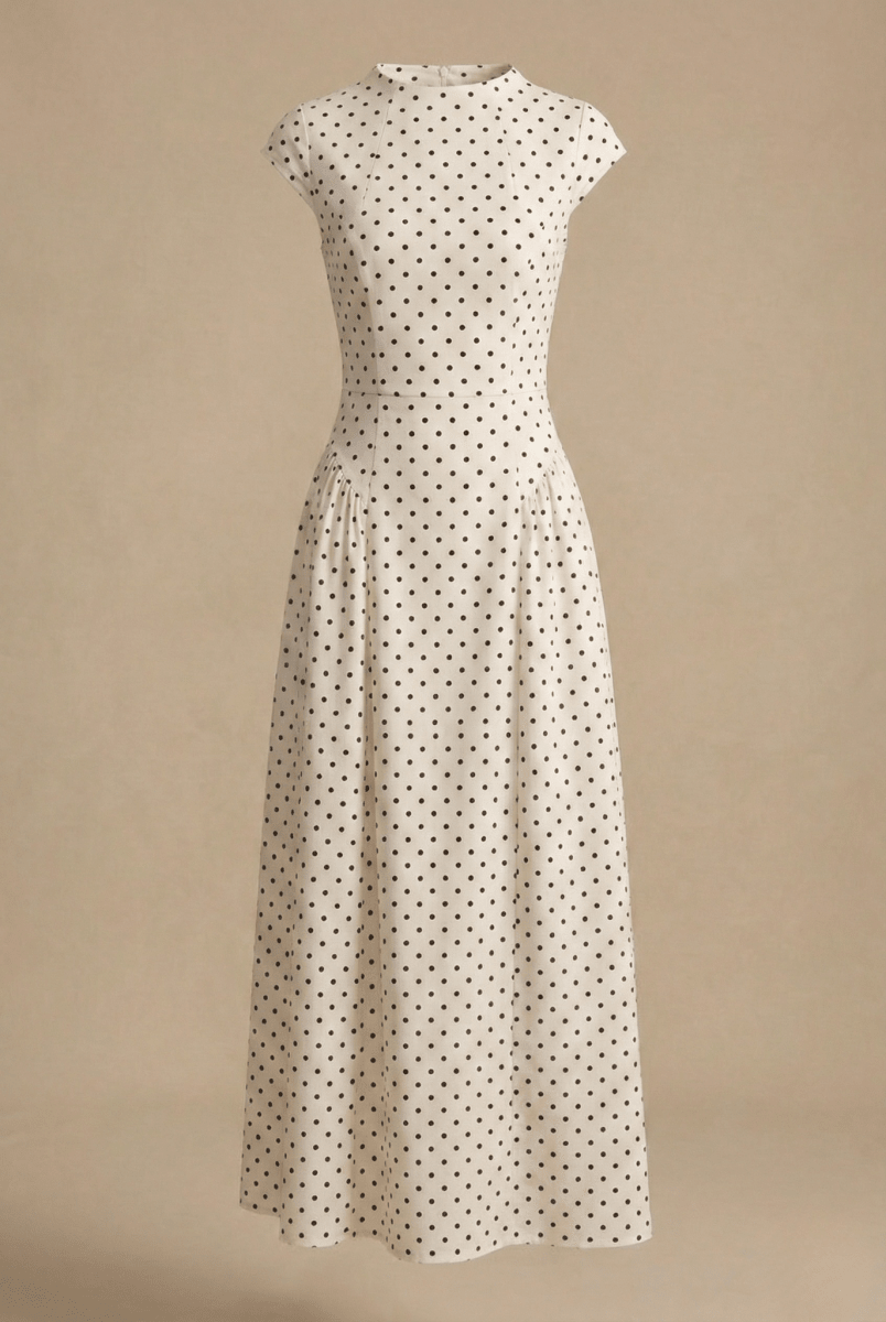 Chic Women's Polka Dot Maxi Dress - High Neck Cap Sleeve - Full Skirt - Nalani - Fashion Clothing and Decor