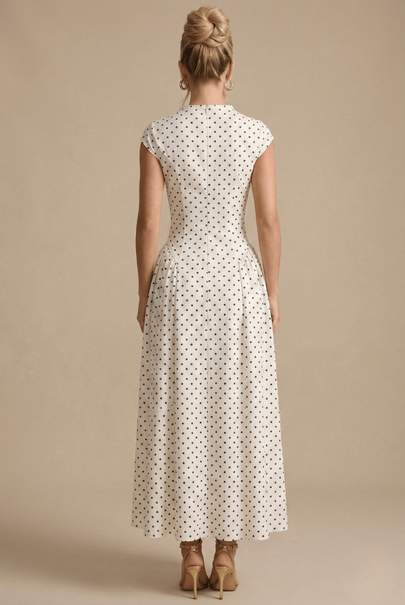Chic Women's Polka Dot Maxi Dress - High Neck Cap Sleeve - Full Skirt - Nalani - Fashion Clothing and Decor