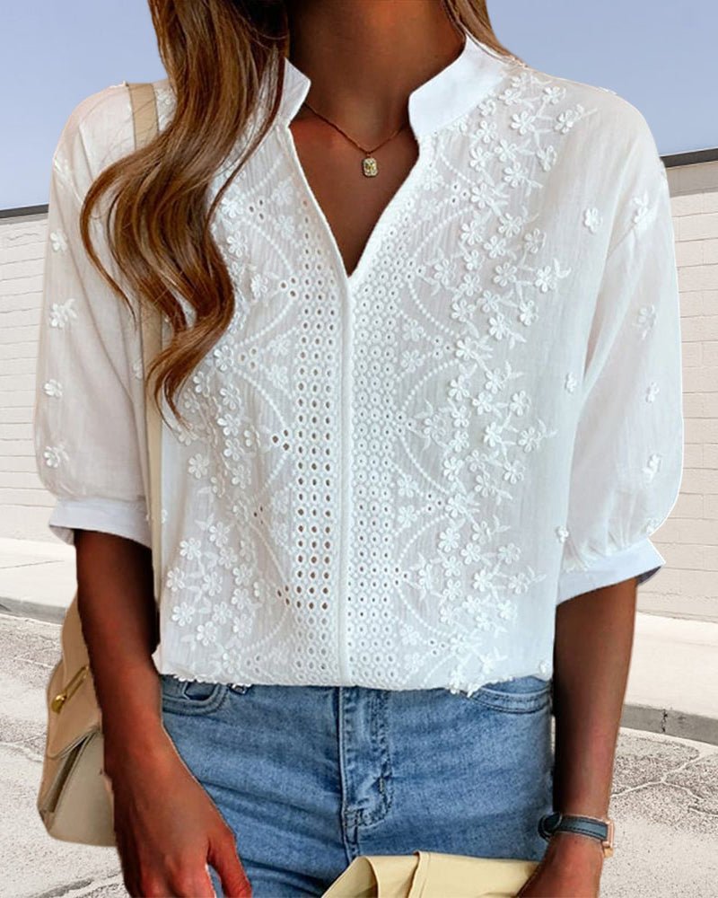 Chic Womens V - Neck Puff Sleeve Blouse With Cotton Blend Patchwork - Nalani - Fashion Clothing and Decor