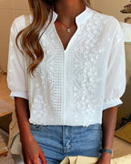 Chic Womens V - Neck Puff Sleeve Blouse With Cotton Blend Patchwork - Nalani - Fashion Clothing and Decor