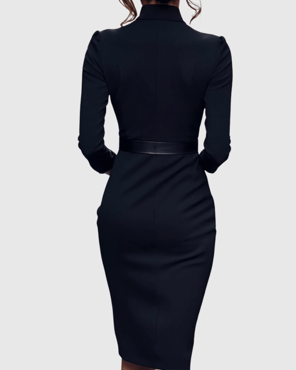 Claribel | Refined Midi Dress Mock Wrap Neckline Belt Accent For Work - Nalani - Fashion Clothing and Decor