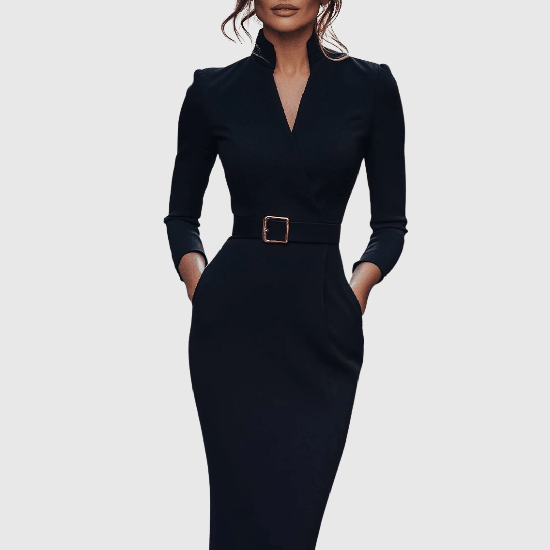 Claribel | Refined Midi Dress Mock Wrap Neckline Belt Accent For Work - Nalani - Fashion Clothing and Decor