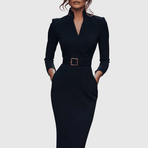 Claribel | Refined Midi Dress Mock Wrap Neckline Belt Accent For Work - Nalani - Fashion Clothing and Decor