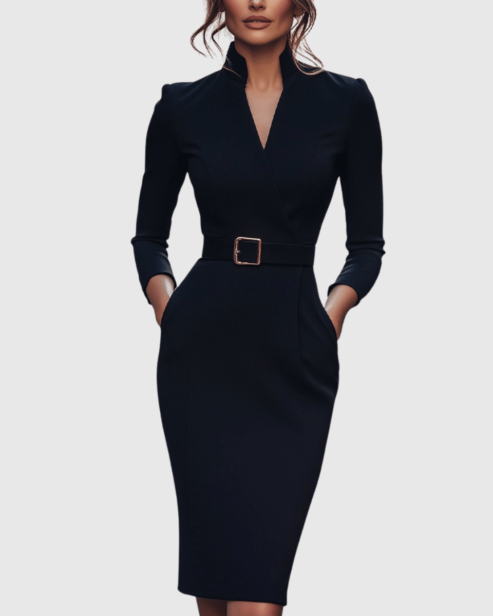 Claribel | Refined Midi Dress Mock Wrap Neckline Belt Accent For Work - Nalani - Fashion Clothing and Decor