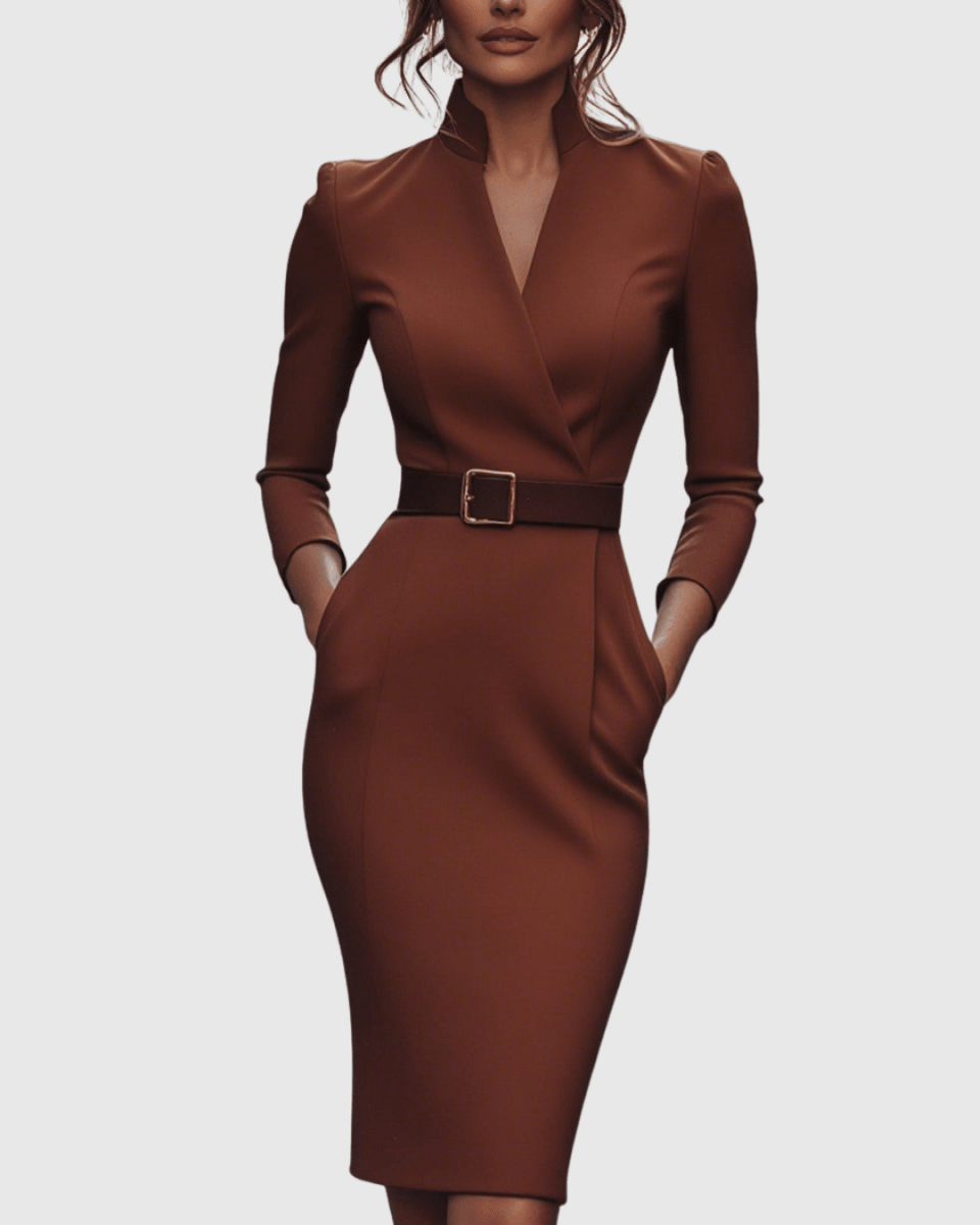 Claribel | Refined Midi Dress Mock Wrap Neckline Belt Accent For Work - Nalani - Fashion Clothing and Decor