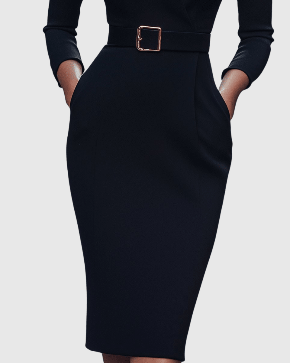 Claribel | Refined Midi Dress Mock Wrap Neckline Belt Accent For Work - Nalani - Fashion Clothing and Decor