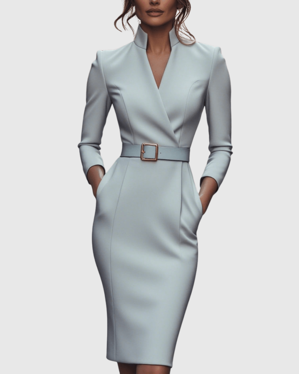 Claribel | Refined Midi Dress Mock Wrap Neckline Belt Accent For Work - Nalani - Fashion Clothing and Decor