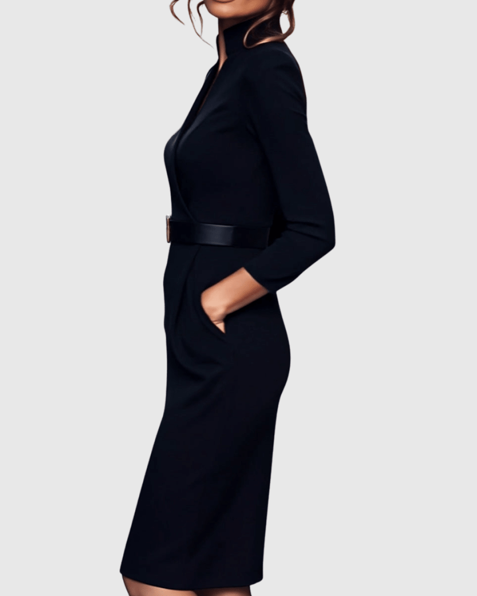 Claribel | Refined Midi Dress Mock Wrap Neckline Belt Accent For Work - Nalani - Fashion Clothing and Decor