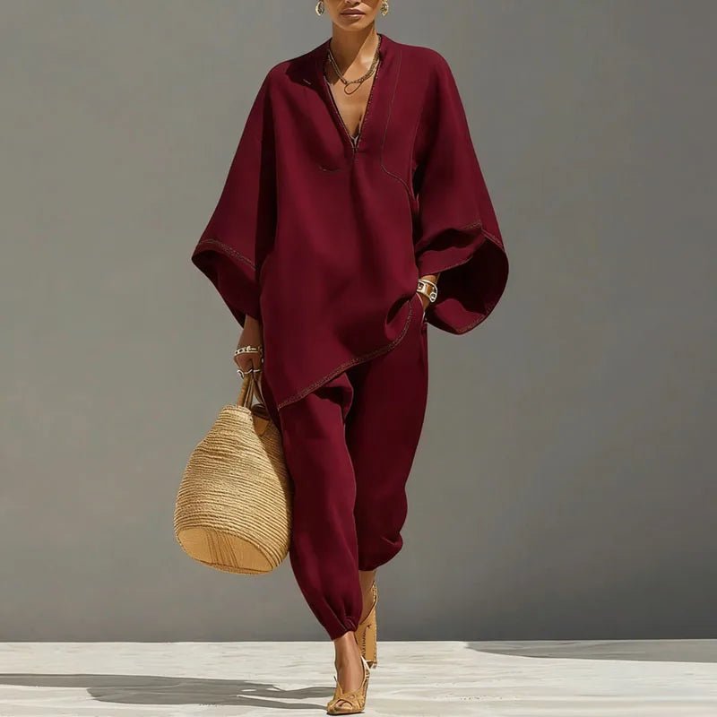 Cordella Linen Matching Set Featuring Batwing Sleeves And Relaxed Fit - Nalani - Fashion Clothing and Decor