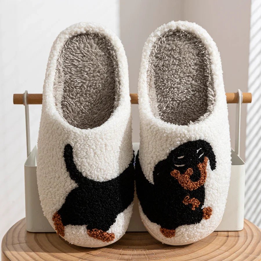 Cozy Winter Womens Plush Slippers With Black Dog Design - Nalani - UK Fashion Clothing and Decor