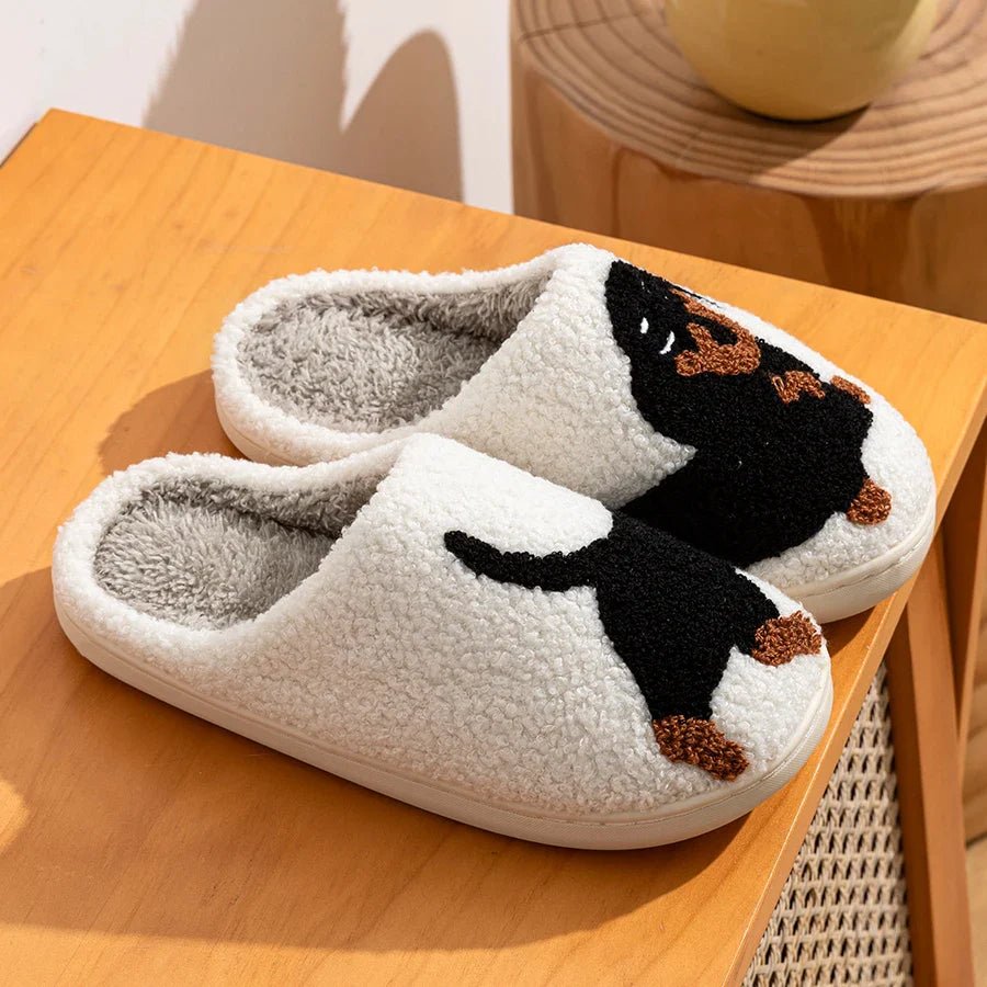 Cozy Winter Womens Plush Slippers With Black Dog Design - Nalani - UK Fashion Clothing and Decor