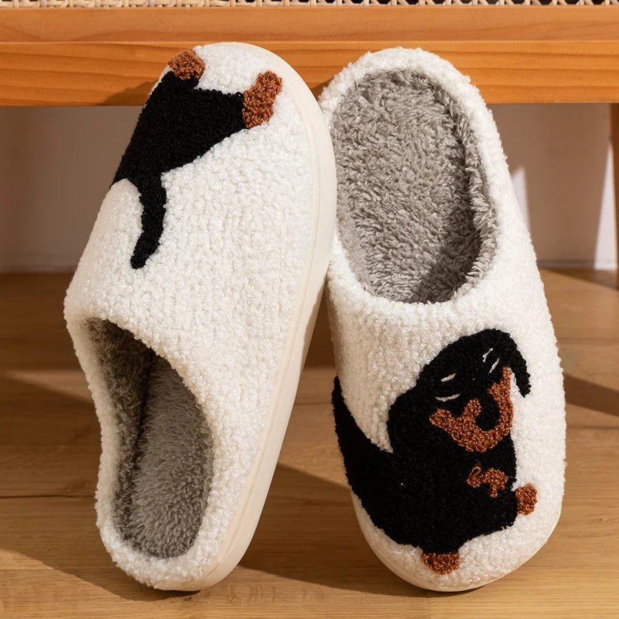 Cozy Winter Womens Plush Slippers With Black Dog Design - Nalani - UK Fashion Clothing and Decor