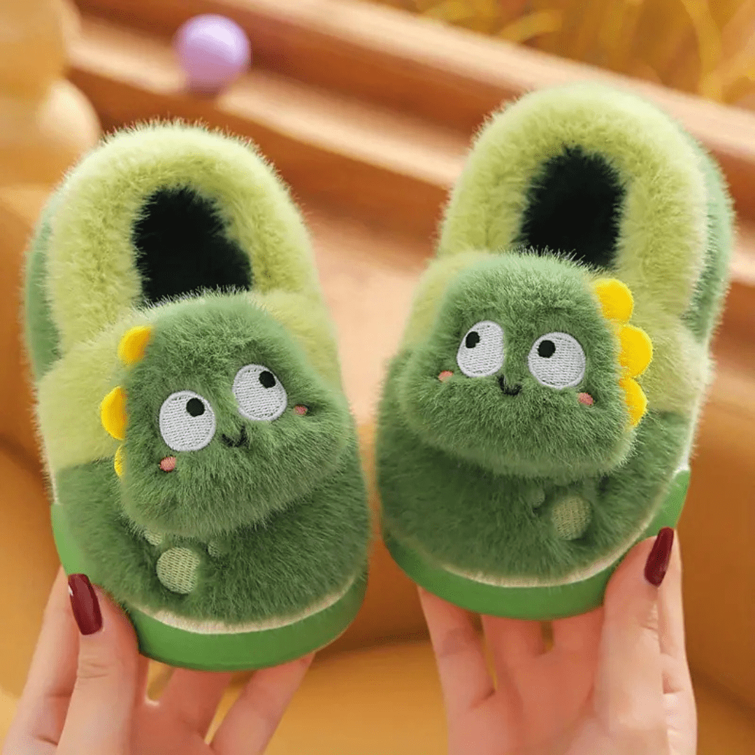 Cute Green Warm Plush Lined Dinosaur Slippers For Kids - Nalani - UK Fashion Clothing and Decor